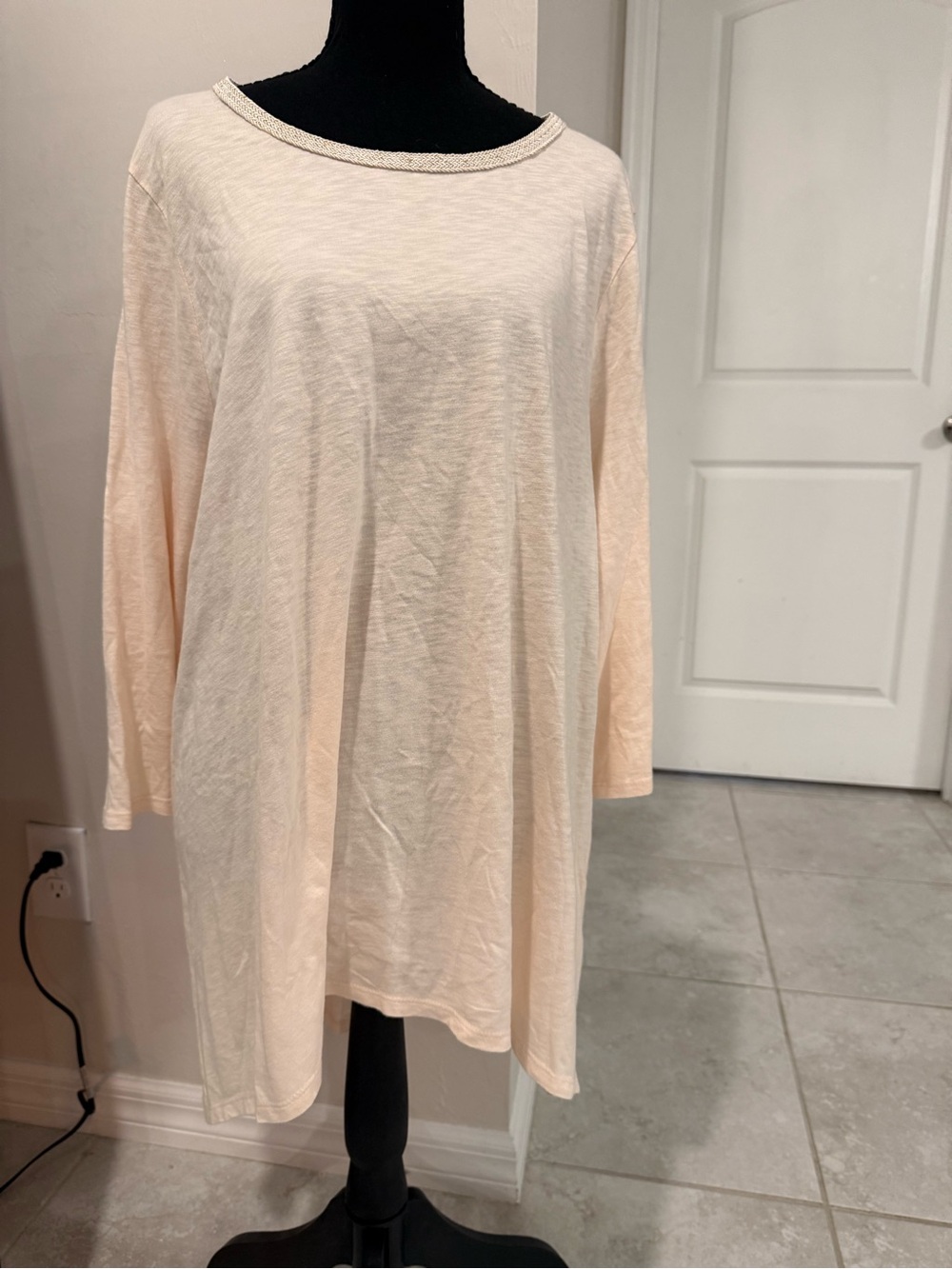 By Chico’s Tunic Top Size 3 XL Ivory Cotton Viscose Braided Neck Asymmetrical